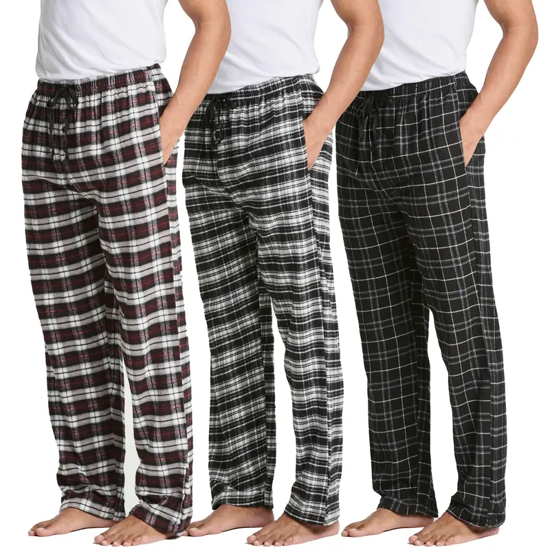 Real Essentials 3 Pack Pajama Pants And Knit Cotton Flannel Plaid Lounge Bottoms