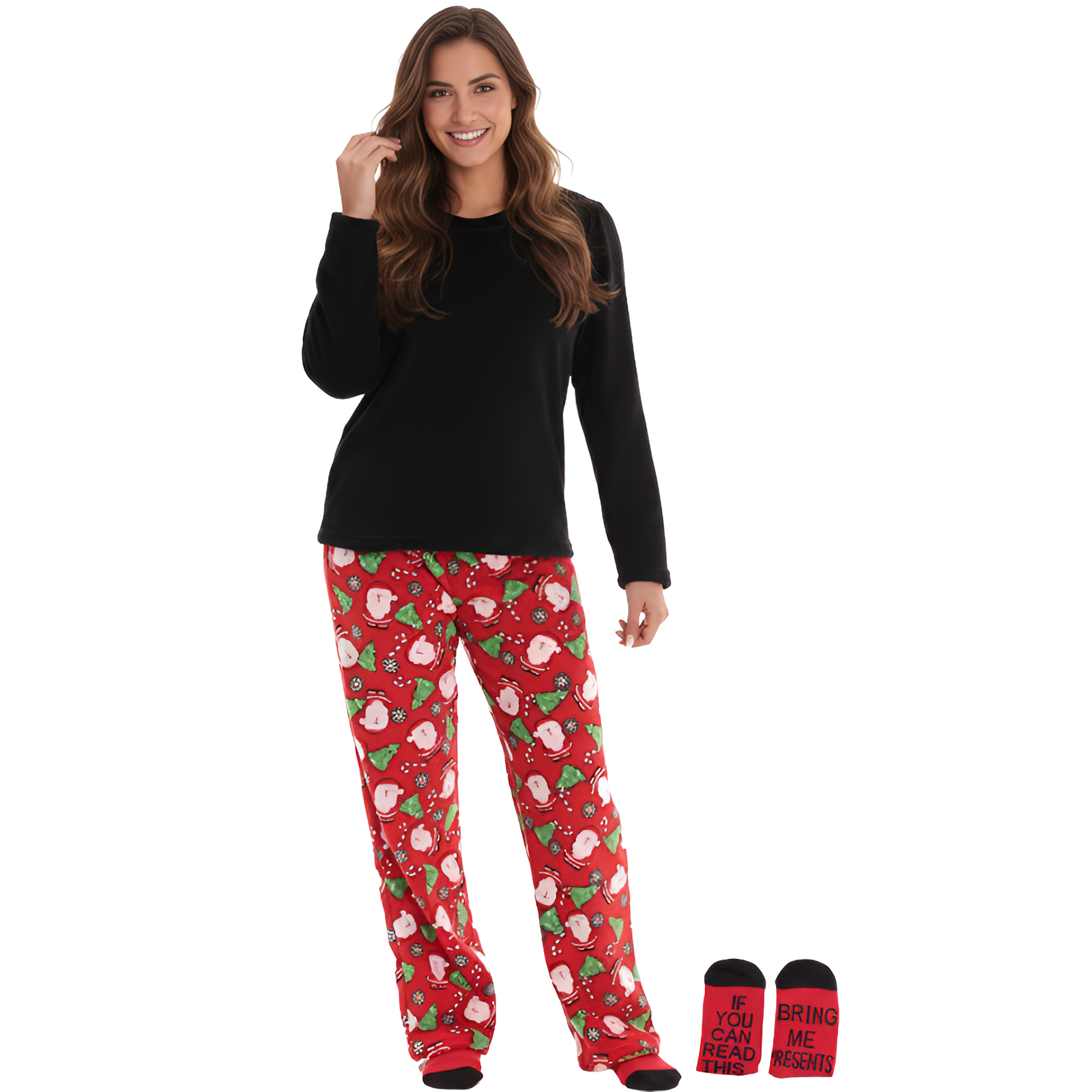 Long Sleeve Pajama Set With Pants And Matching Socks For Women