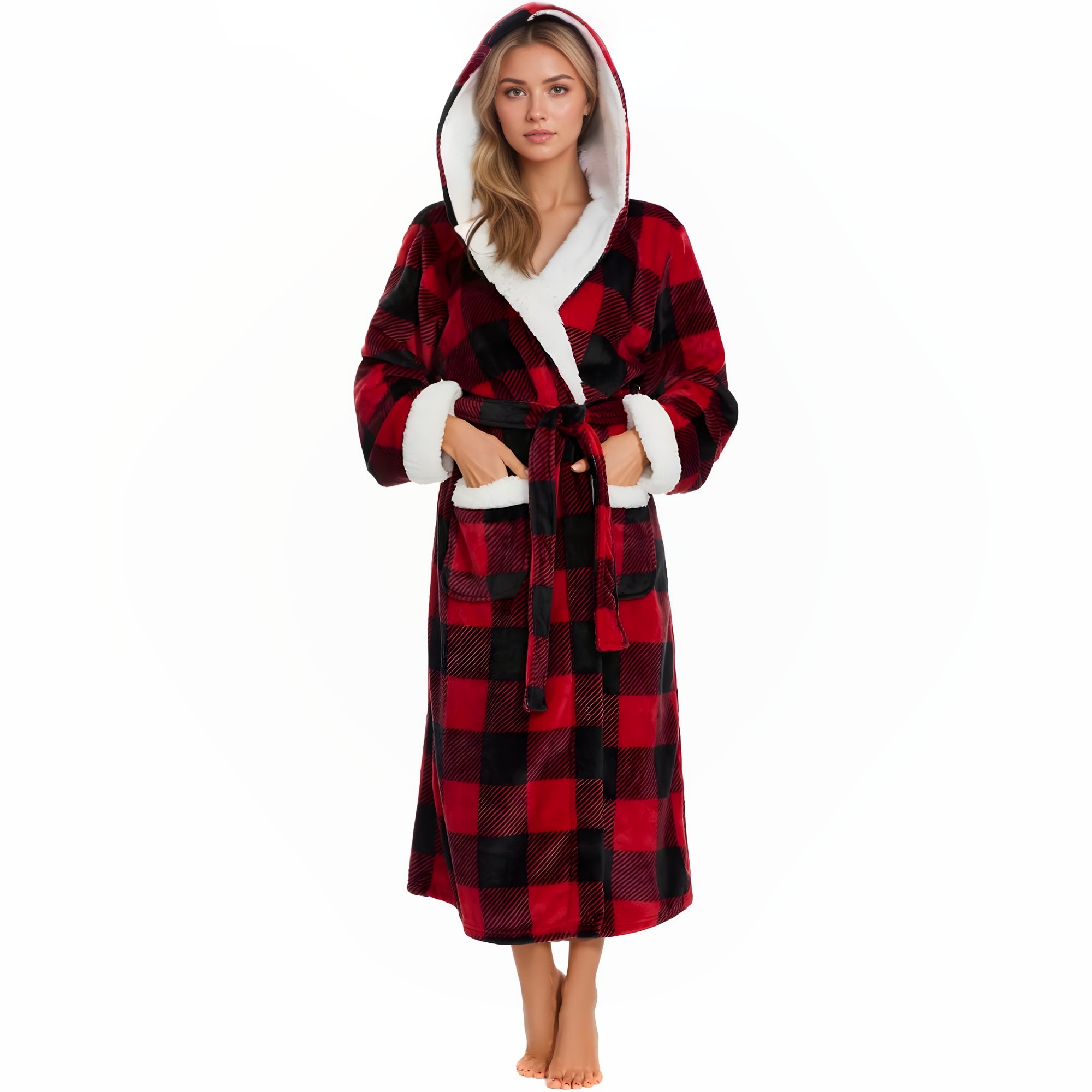 Soft Fleece Hooded Long Bathrobe For Women Home Lounge