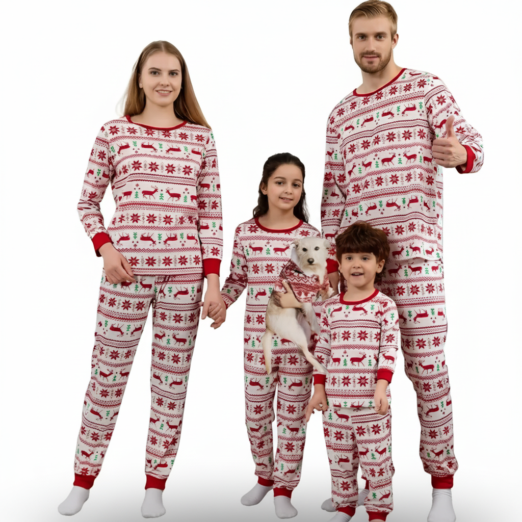 Reindeer And Snow Design Matching Family Christmas Pajama Set