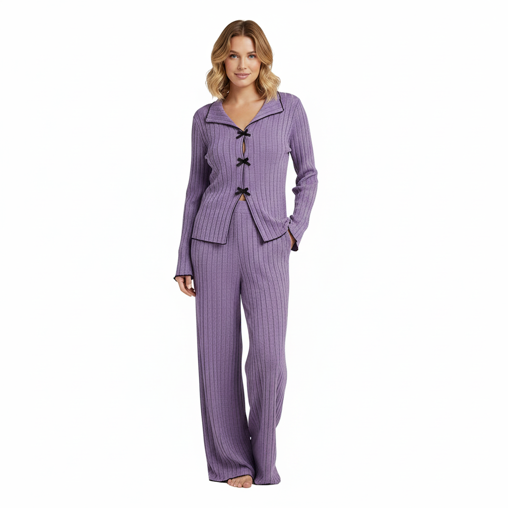Ribbed Knit Pajama Set With Lapel Collar And Bows For Women