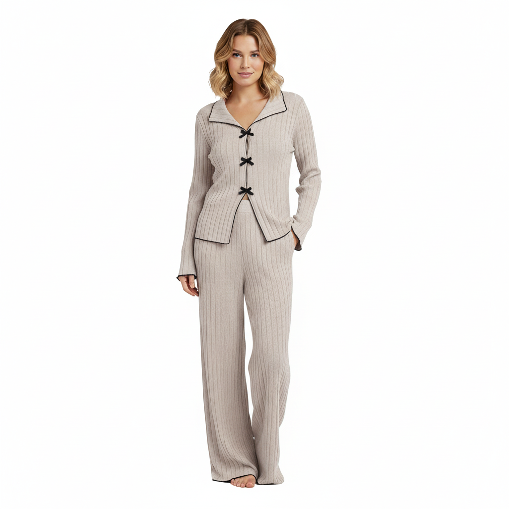 Ribbed Knit Pajama Set With Lapel Collar And Bows For Women