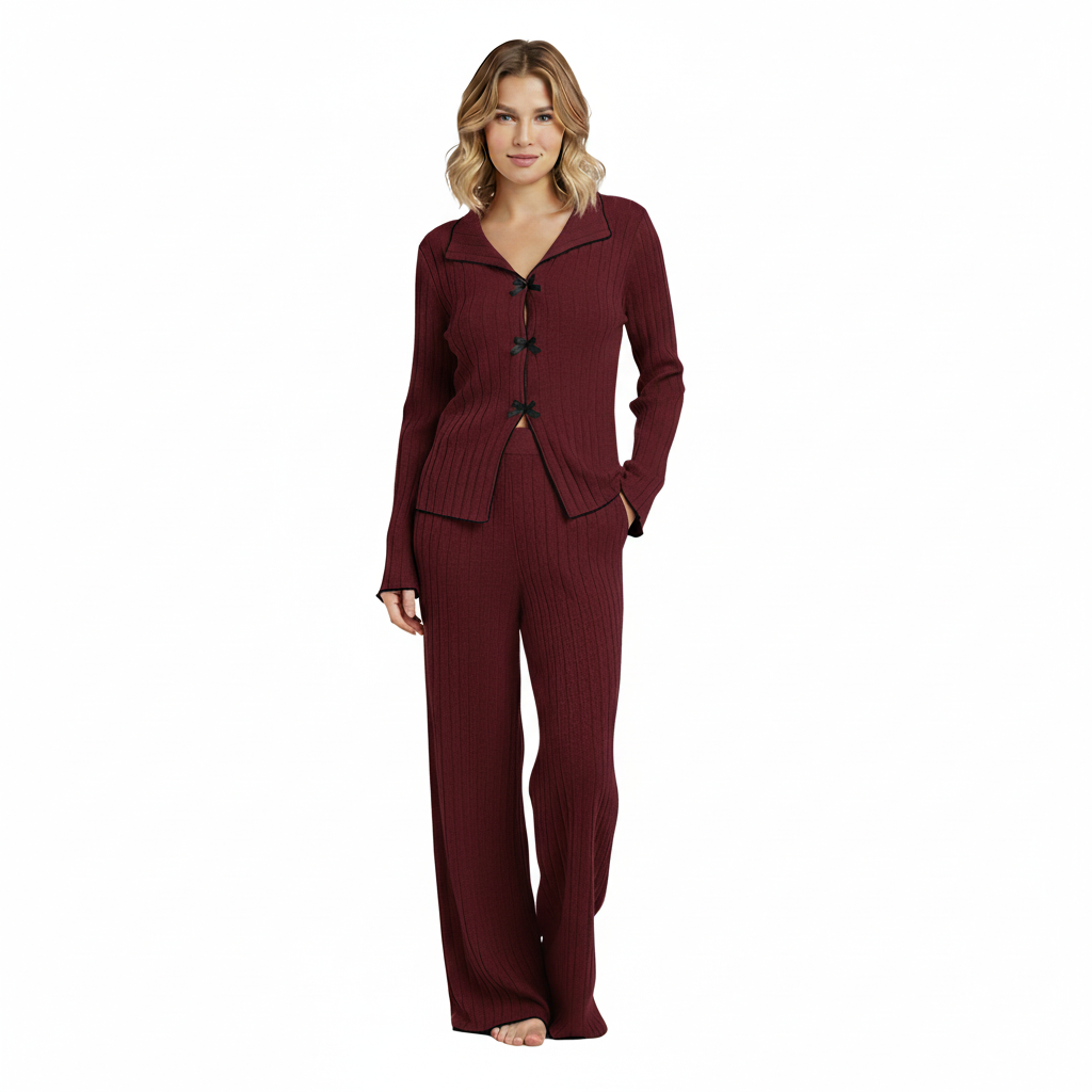 Ribbed Knit Pajama Set With Lapel Collar And Bows For Women