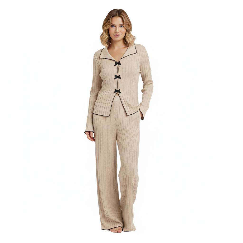 Ribbed Knit Pajama Set With Lapel Collar And Bows For Women