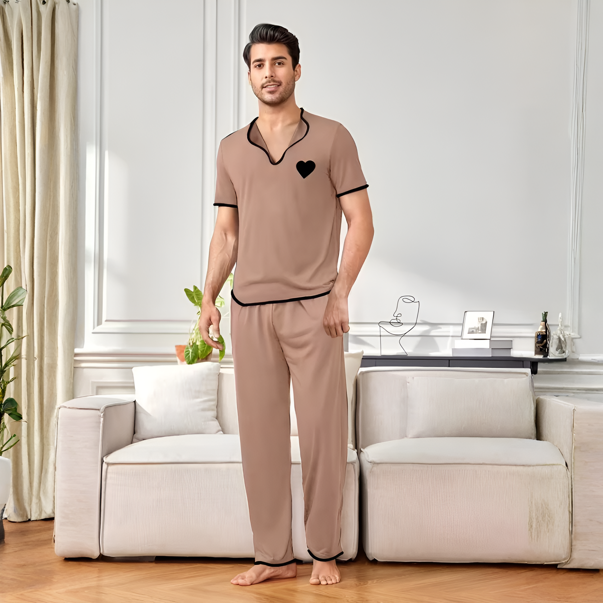 Couple's Set with Chest Heart Print, Men or Women Short Sleeve + Long Pants