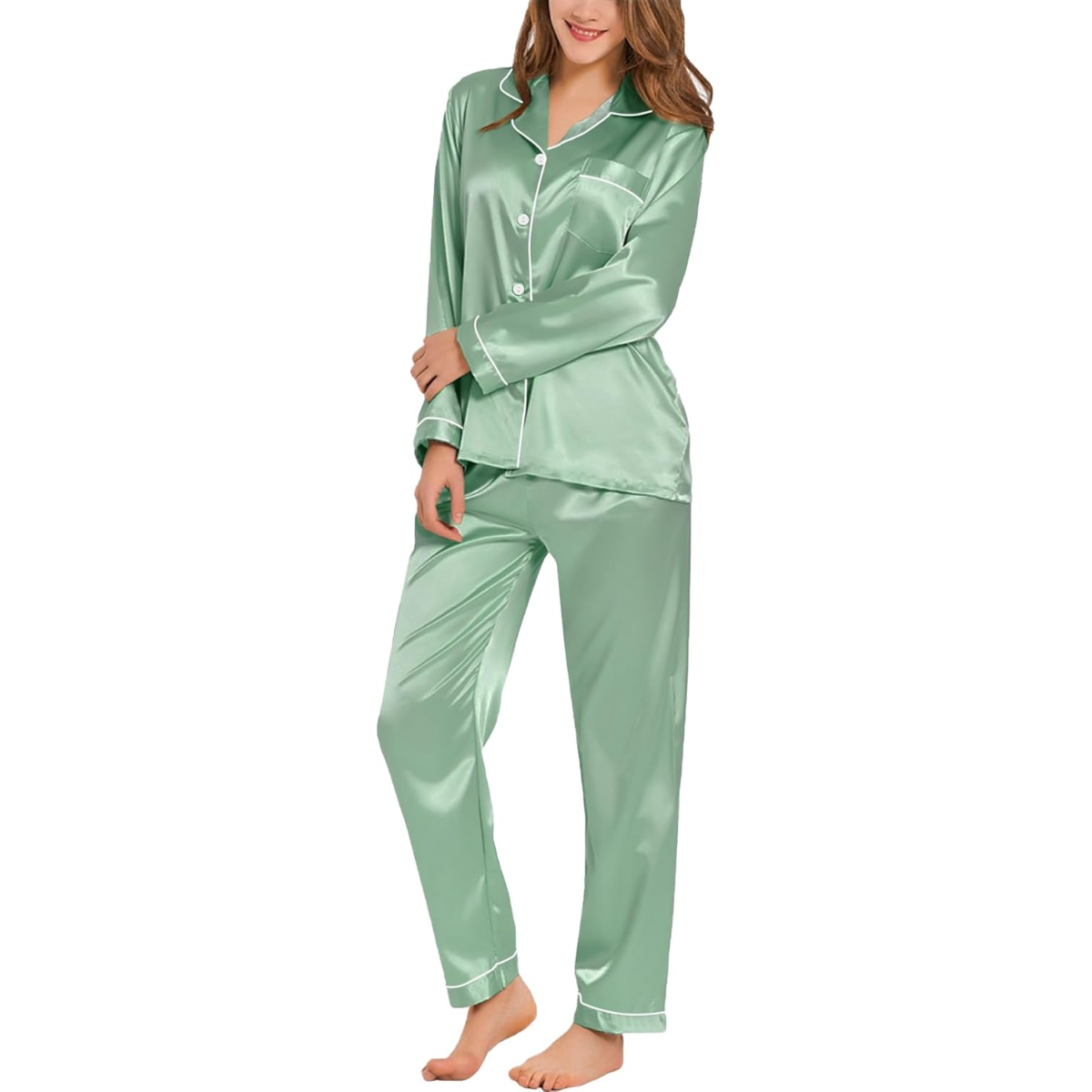 Long Sleeve Button Down Satin Pajama Set-Original Pajamas