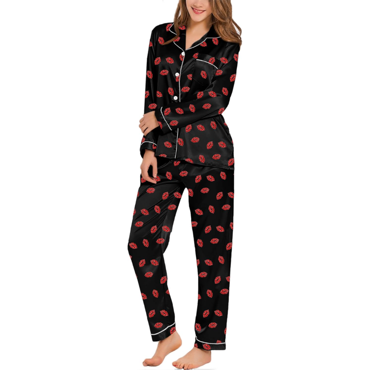 Elegant Long Sleeve Printed Satin Pajama Set-Original Pajamas