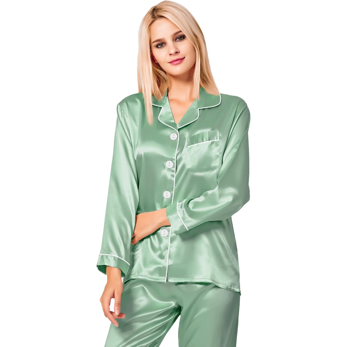 Long Sleeve Button Down Satin Pajama Set-Original PajamasLong Sleeve Button Down Satin Pajama Set - Image 2