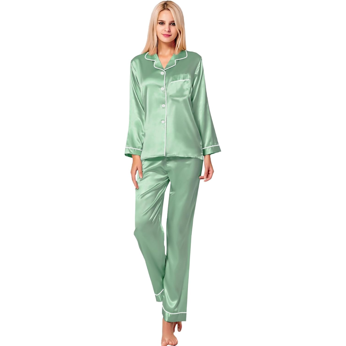 Long Sleeve Button Down Satin Pajama Set-Original Pajamas