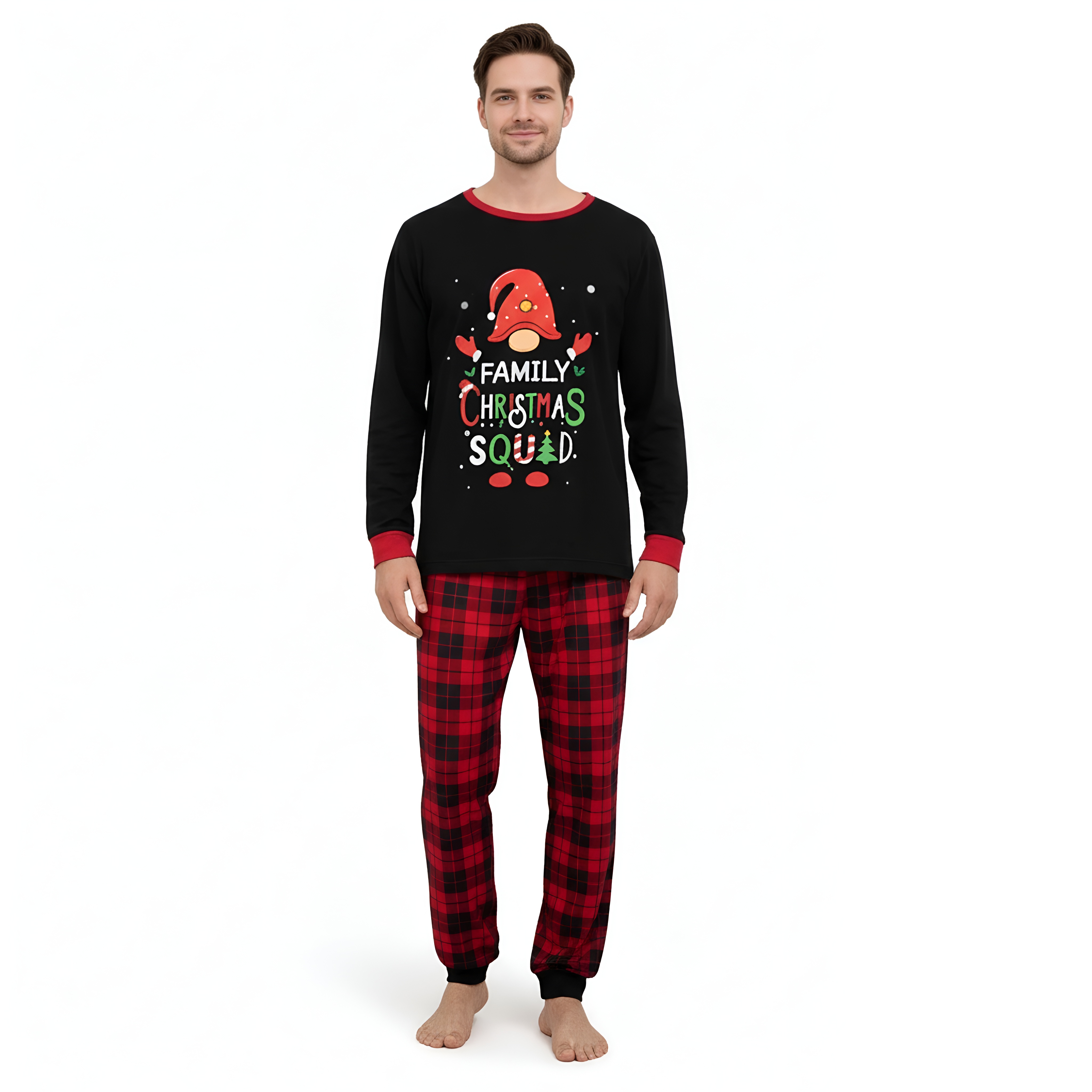 Santa Gnome Family Christmas Squad Printed Family Matching Plaid Pajama Set