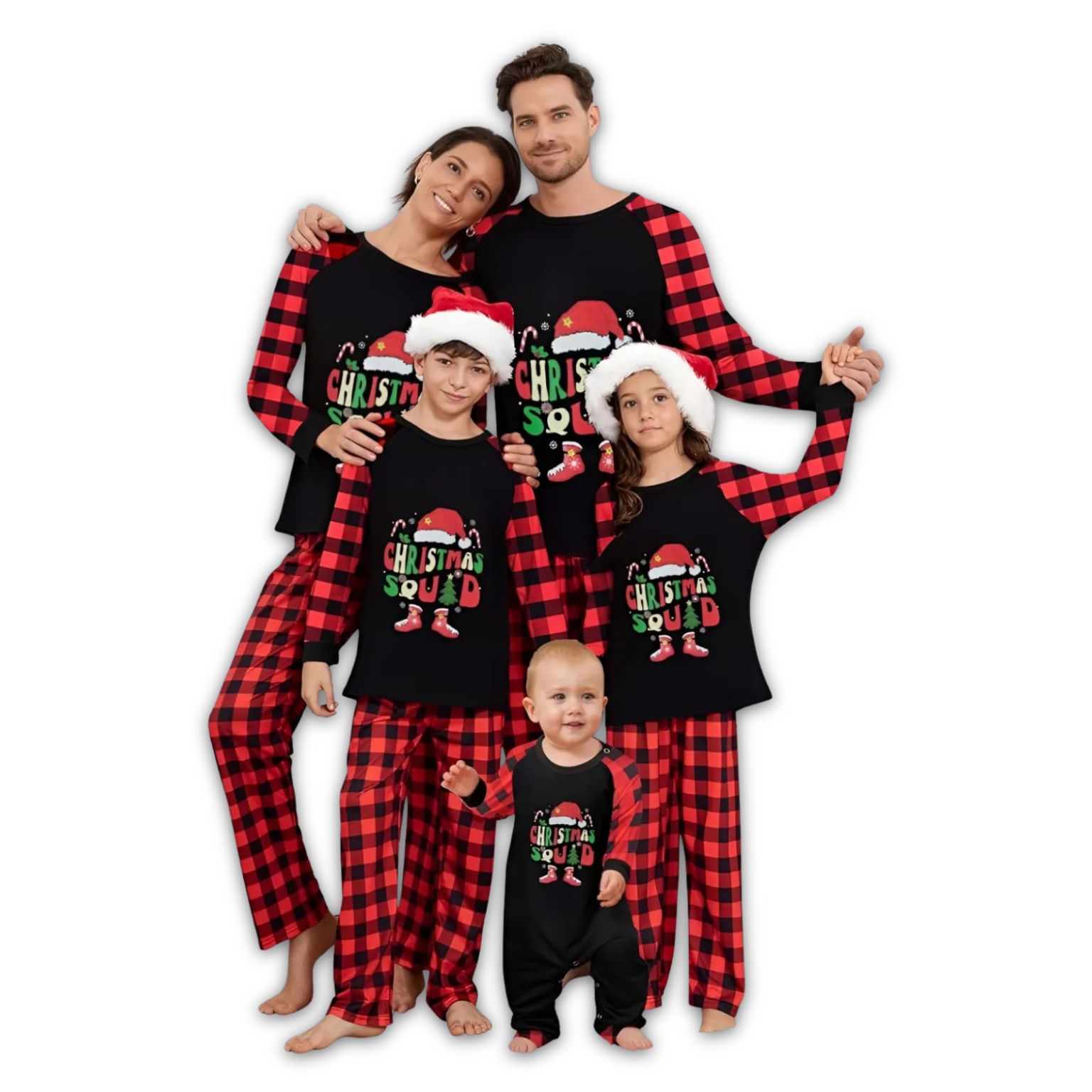 Santa Hat Christmas Squad Printed Family Matching Plaid Pajama Set