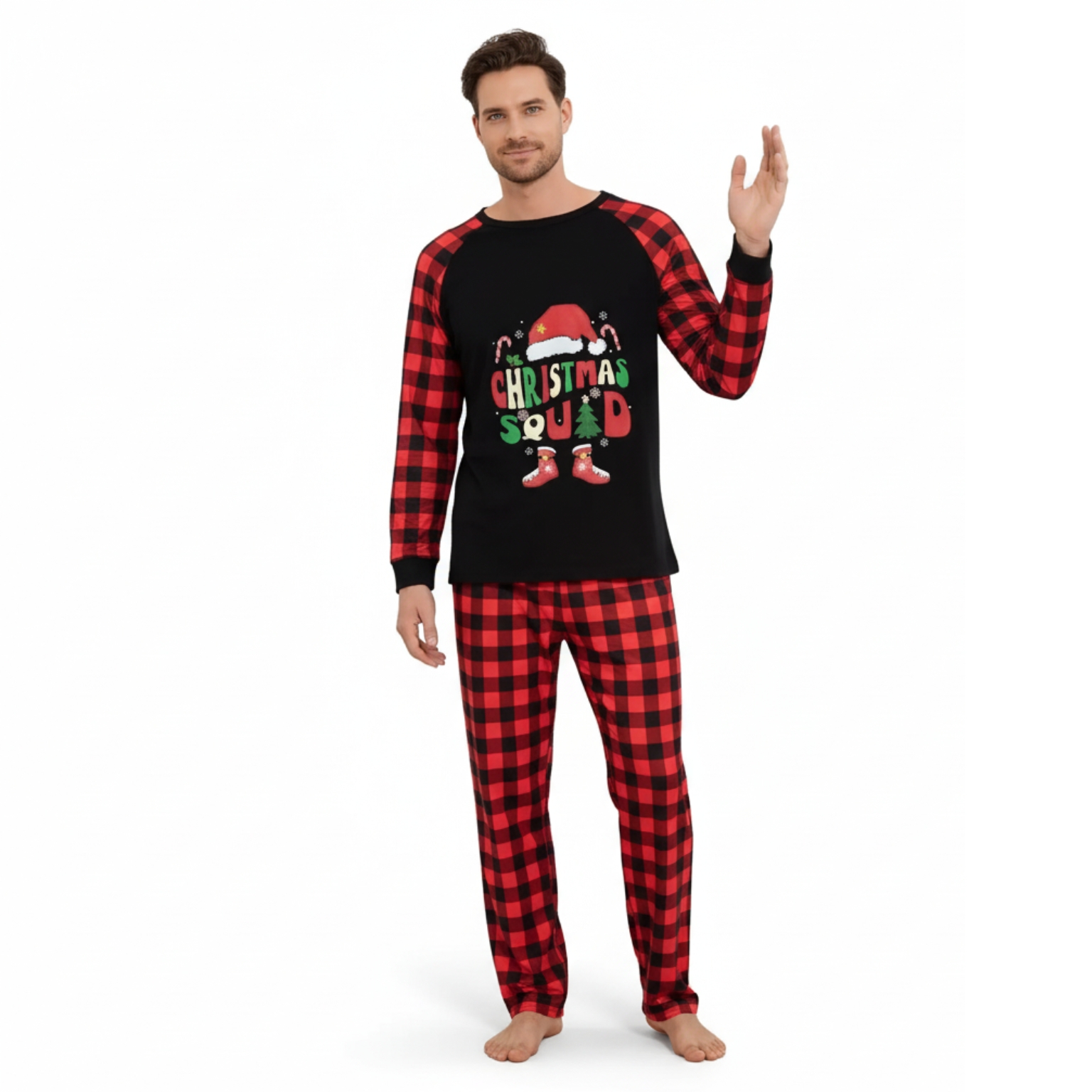 Santa Hat Christmas Squad Printed Family Matching Plaid Pajama Set