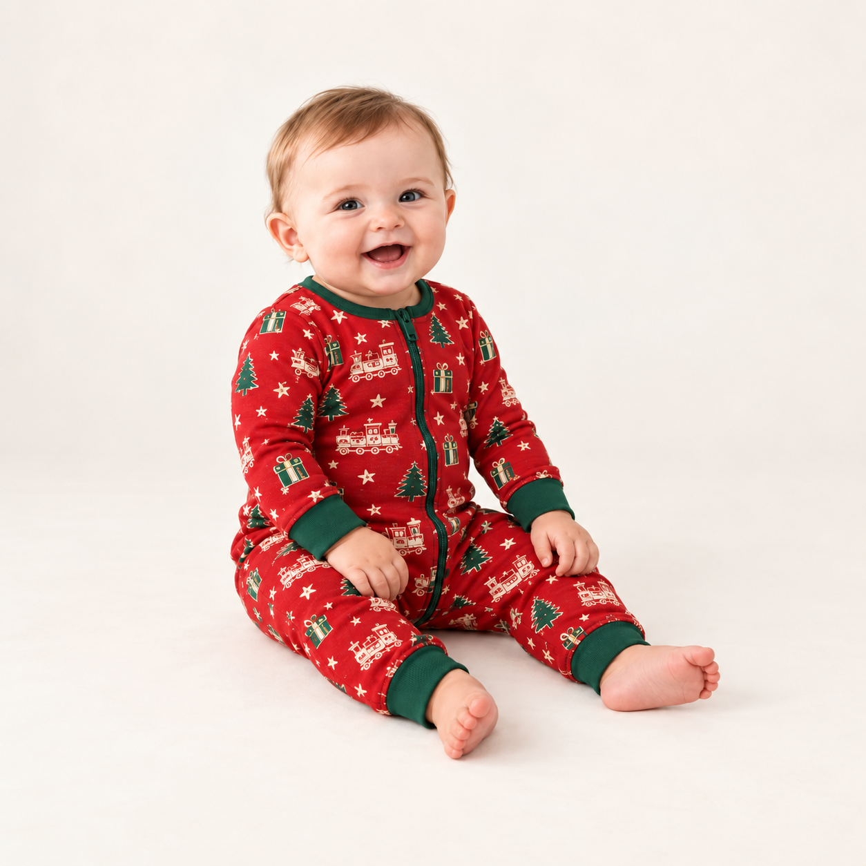 Santa Train Christmas Family Matching Pajama Set with Red Top and Toy Train Print Pants for Women, Men, Kids, Baby and Dog