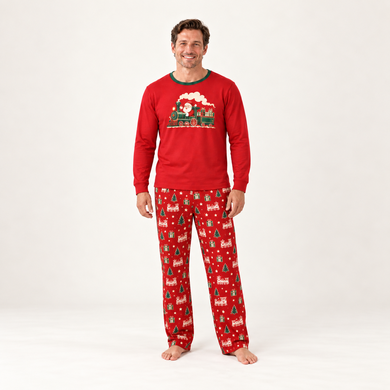 Santa Train Christmas Family Matching Pajama Set with Red Top and Toy Train Print Pants for Women, Men, Kids, Baby and Dog