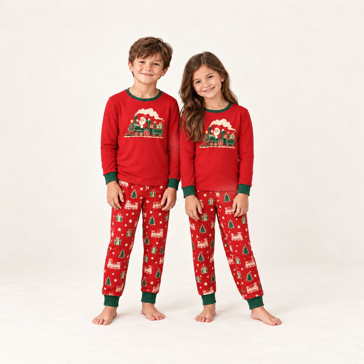 Santa Train Christmas Family Matching Pajama Set with Red Top and Toy Train Print Pants for Women, Men, Kids, Baby and Dog