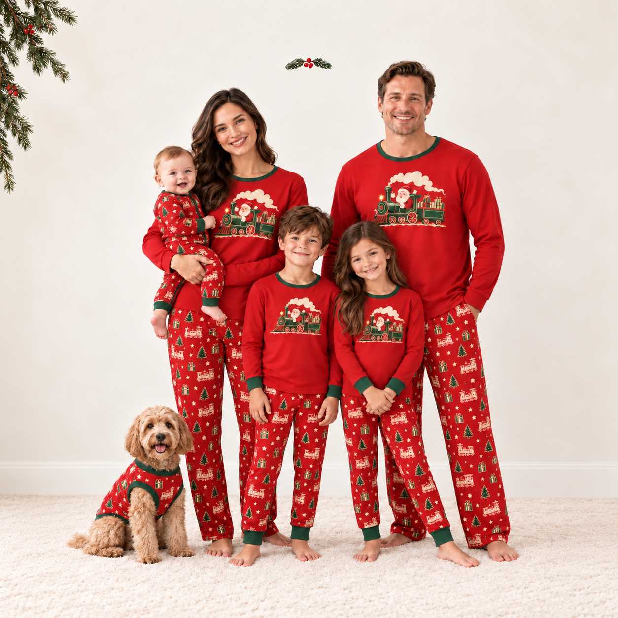 Santa Train Christmas Family Matching Pajama Set with Red Top and Toy Train Print Pants for Women, Men, Kids, Baby and Dog