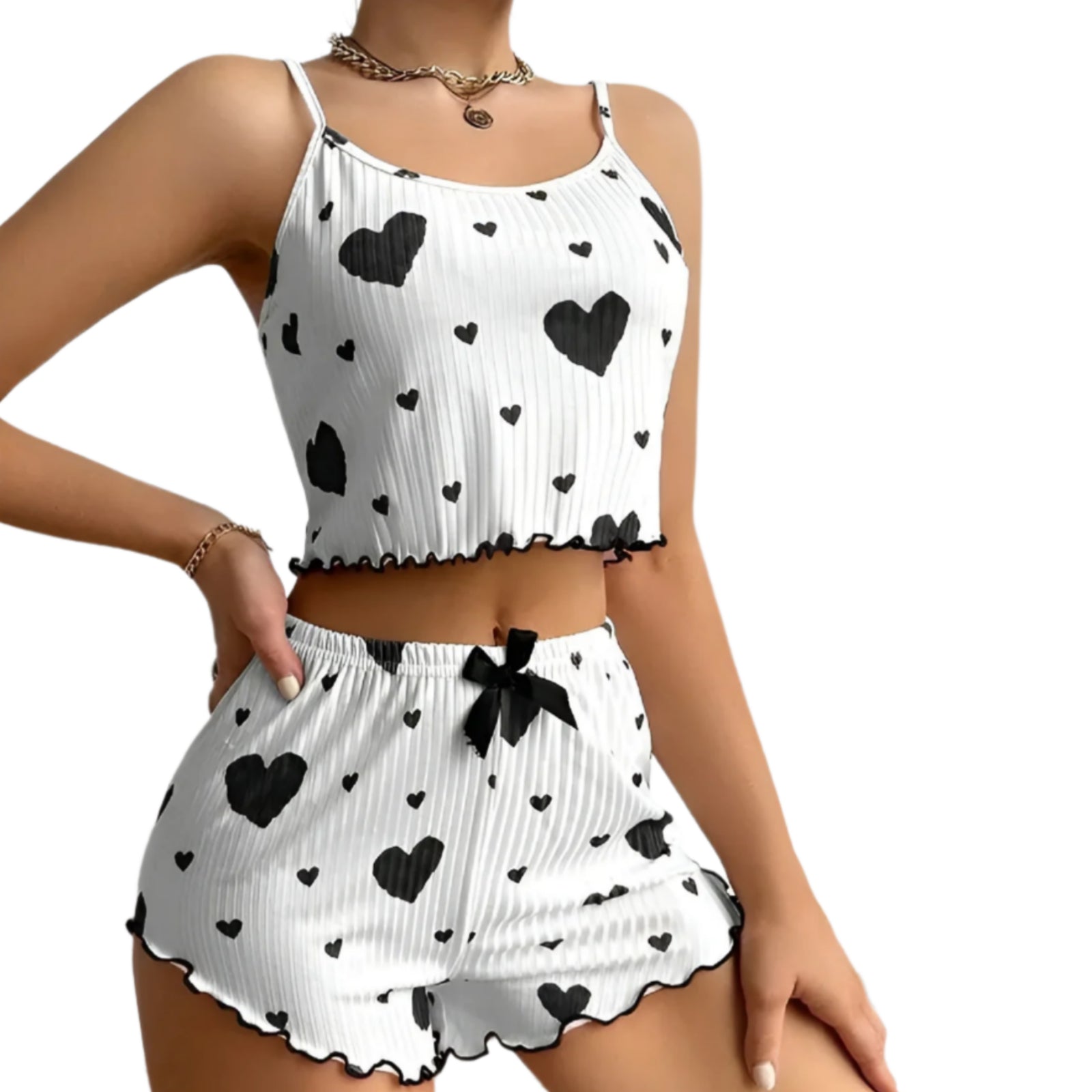 Cordate Printed Ribbed Tank Top And Shorts Set-Original Pajamas