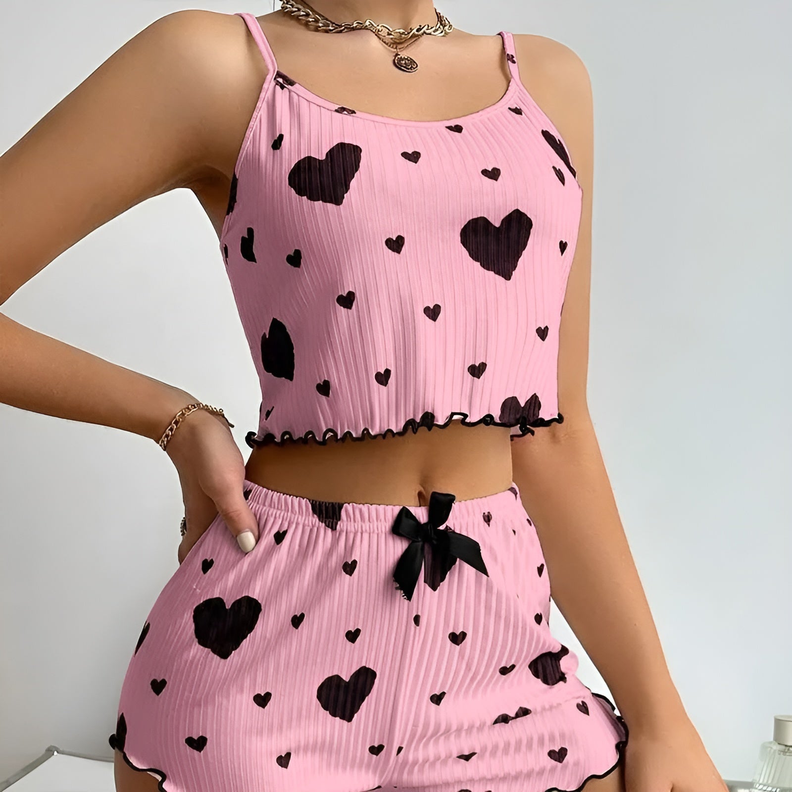Cordate Printed Ribbed Tank Top And Shorts Set-Original Pajamas