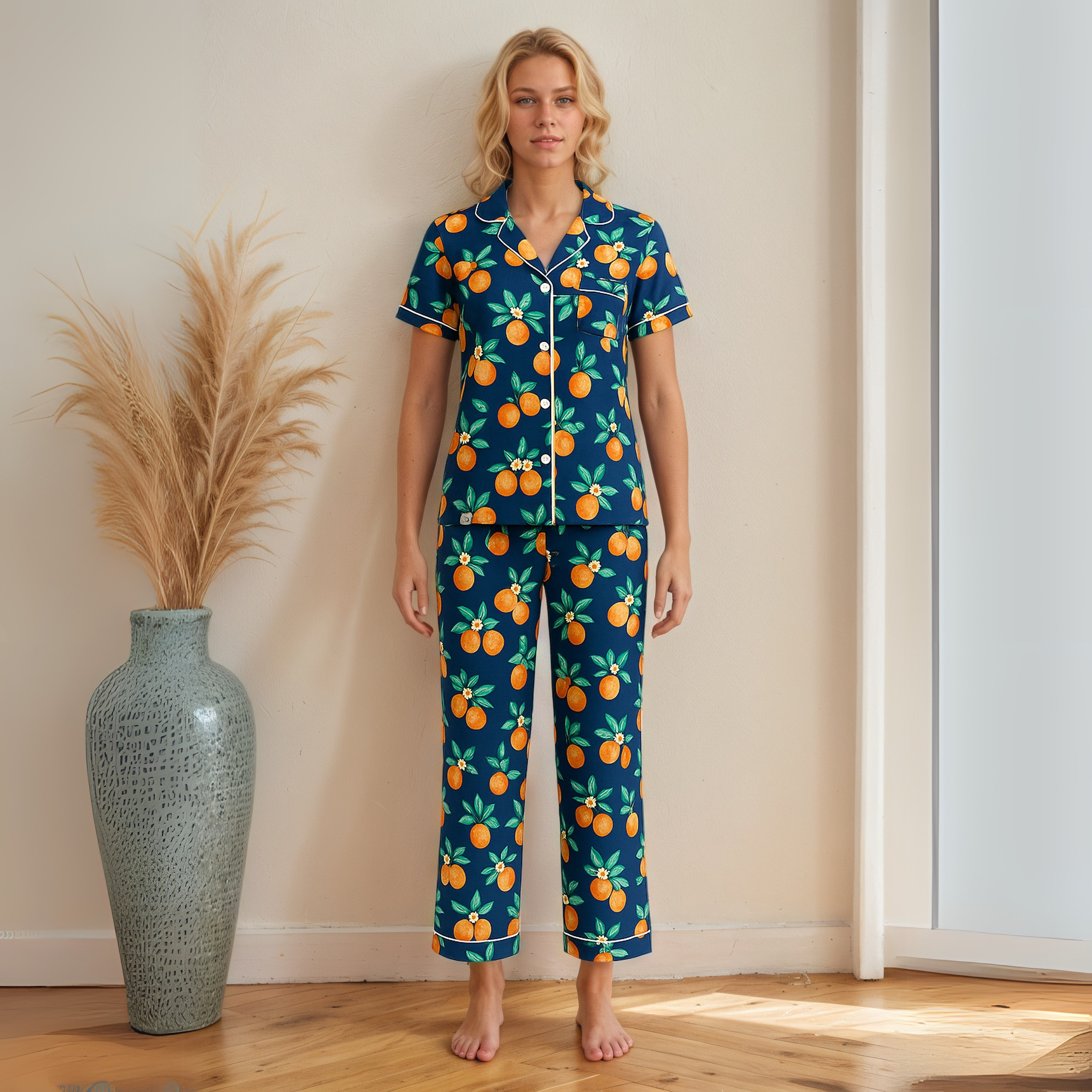 Women's Dreamy Soft Collection Notch Collar Short Sleeve Knit Top And Pajama Set-Original Pajamas