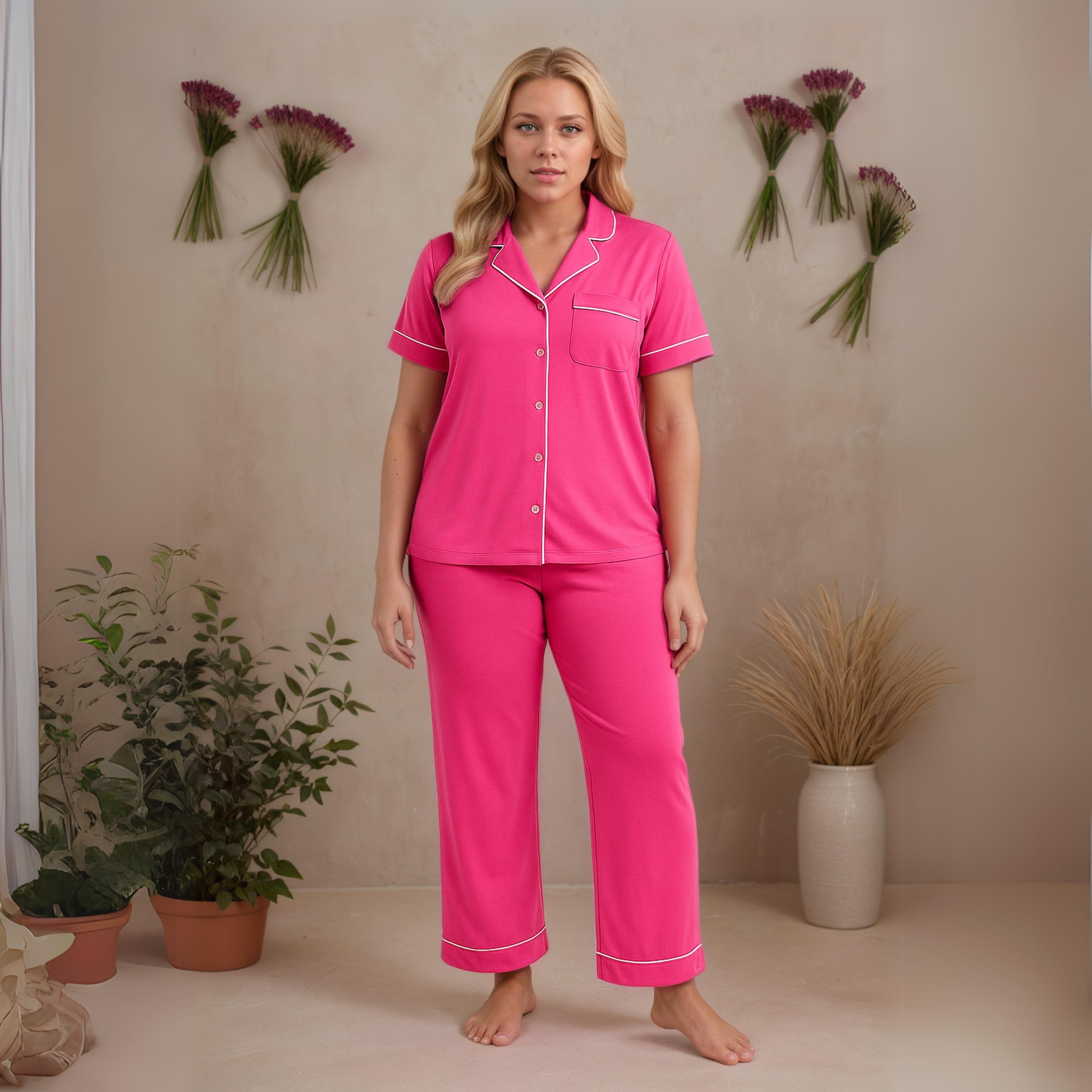 Women's Dreamy Soft Collection Notch Collar Short Sleeve Knit Top And Pajama Set-Original Pajamas