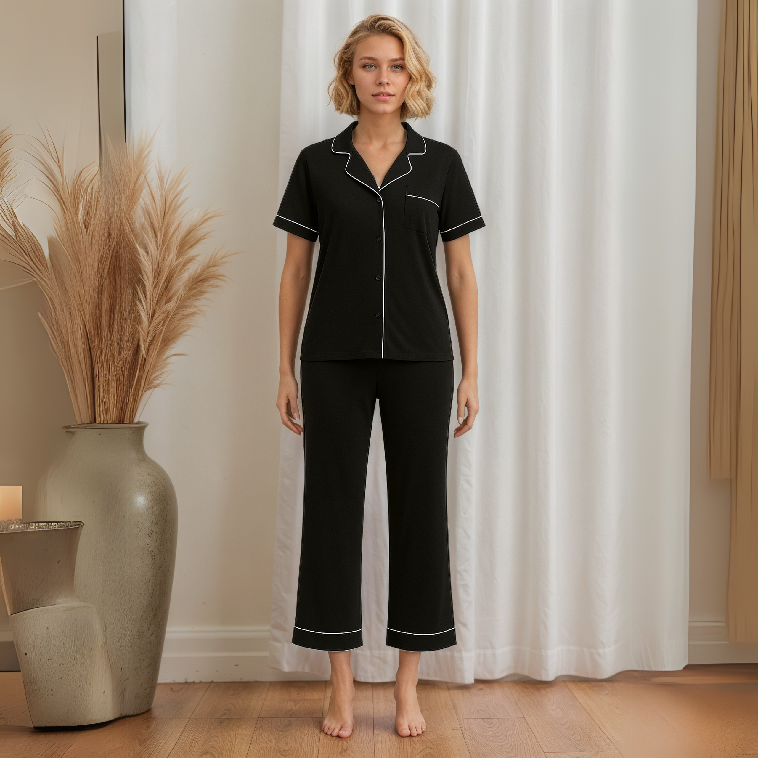 Women's Dreamy Soft Collection Notch Collar Short Sleeve Knit Top And Pajama Set-Original Pajamas