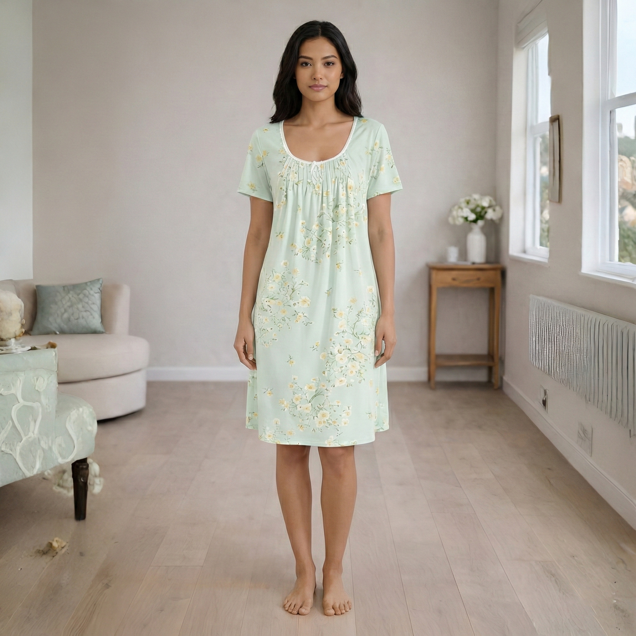 Short Sleeve Pleated Floral Nightgown For Women