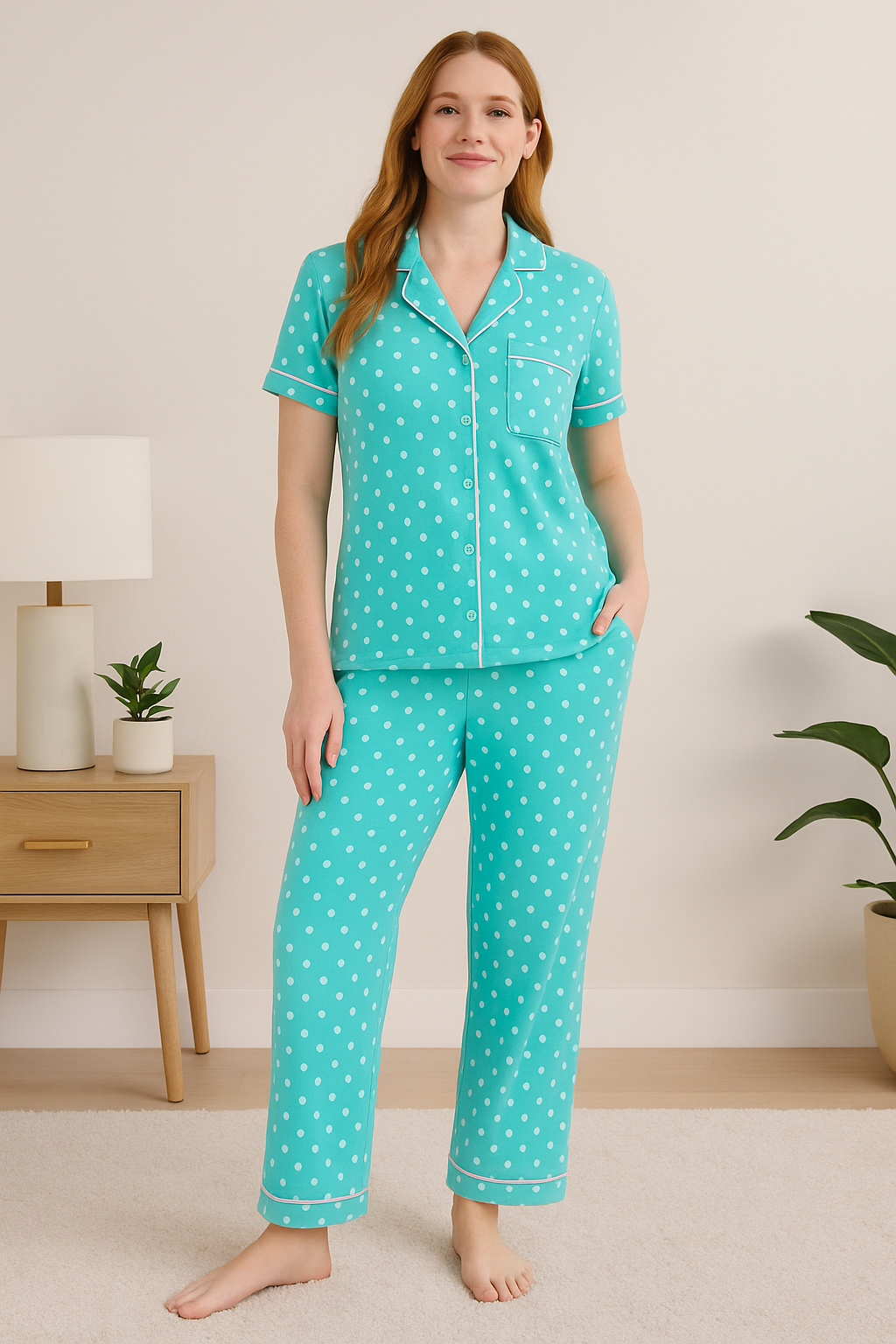 Women's Dreamy Soft Collection Notch Collar Short Sleeve Knit Top And Pajama Set-Original Pajamas