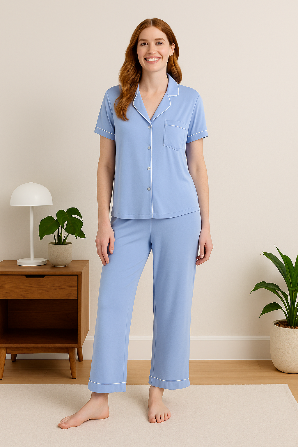 Women's Dreamy Soft Collection Notch Collar Short Sleeve Knit Top And Pajama Set-Original Pajamas