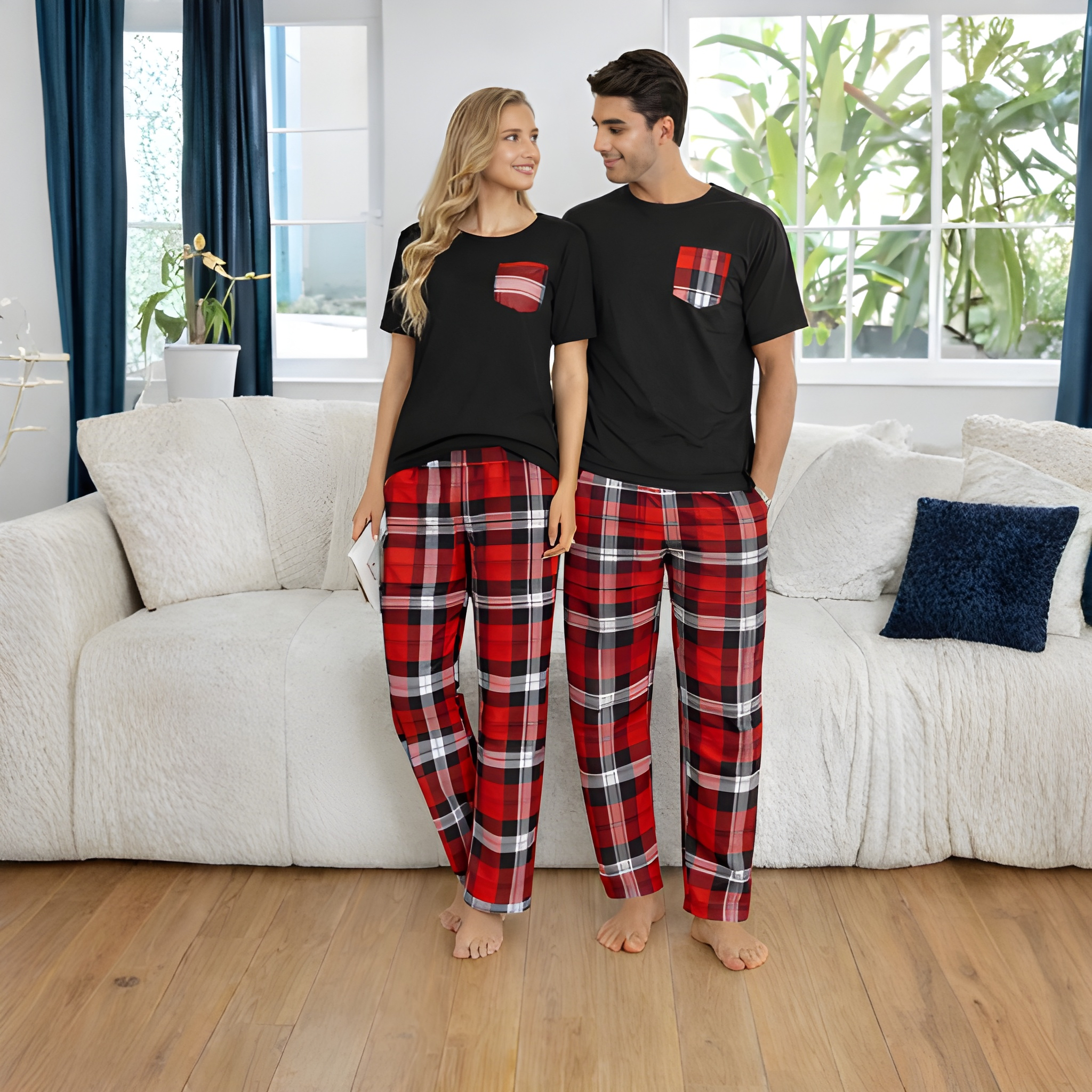  Couple's Black Crew Neck Pullover Long Sleeve Top and Plaid Pants Sleepwear Set