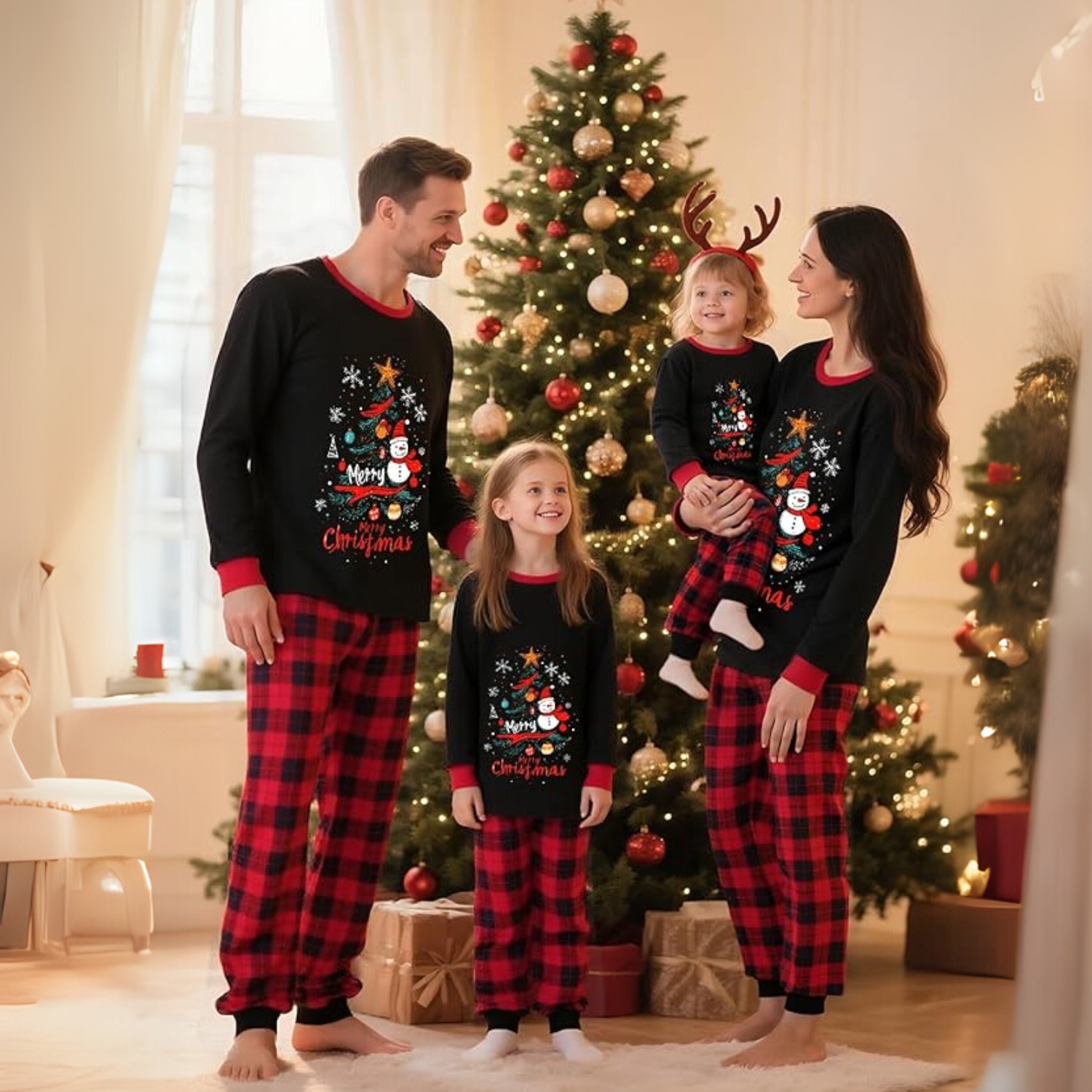 Snowman And Christmas Tree Printed Family Matching Plaid Pajama Set