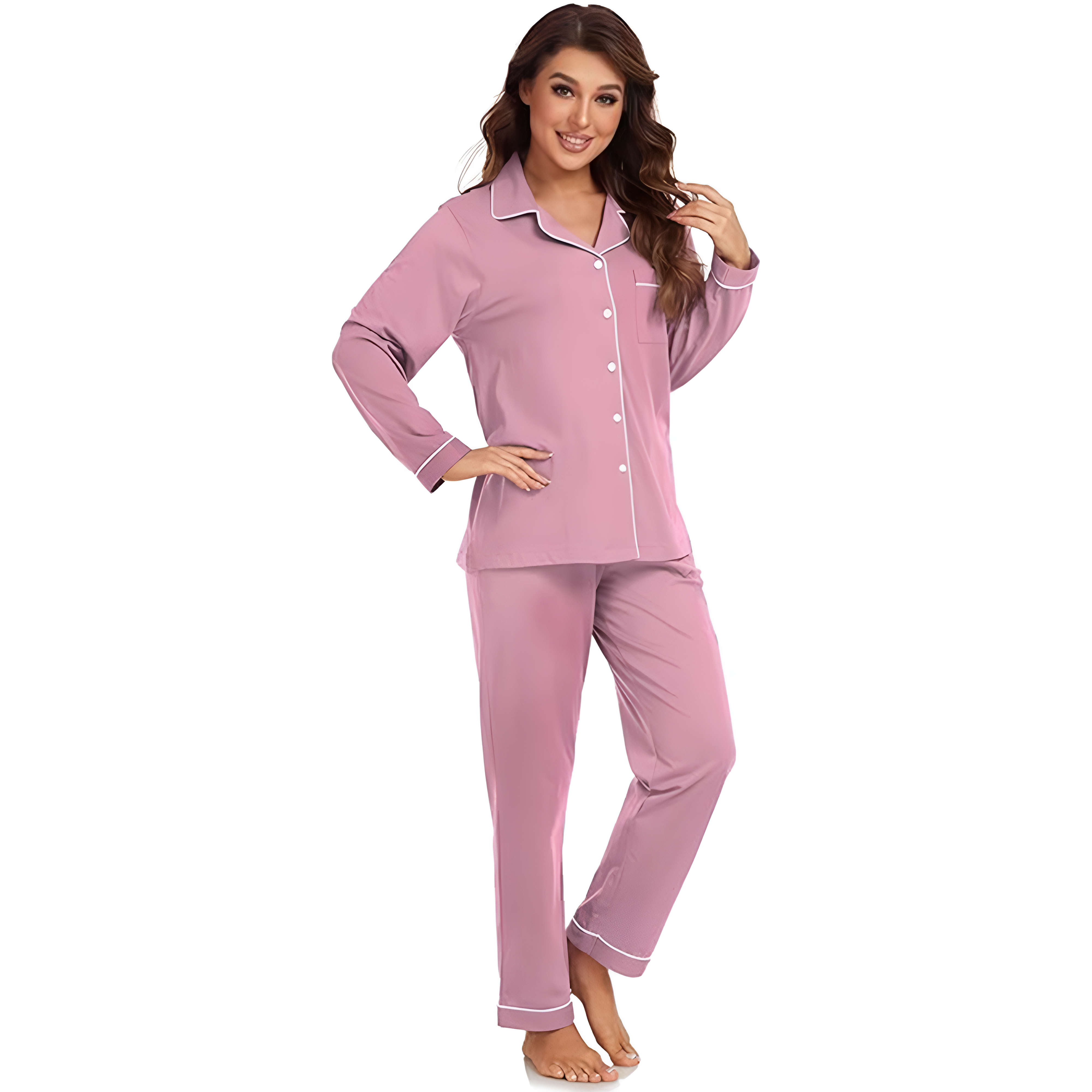 Soft Long Sleeve Button Down 2 Piece Pajama Set For Women