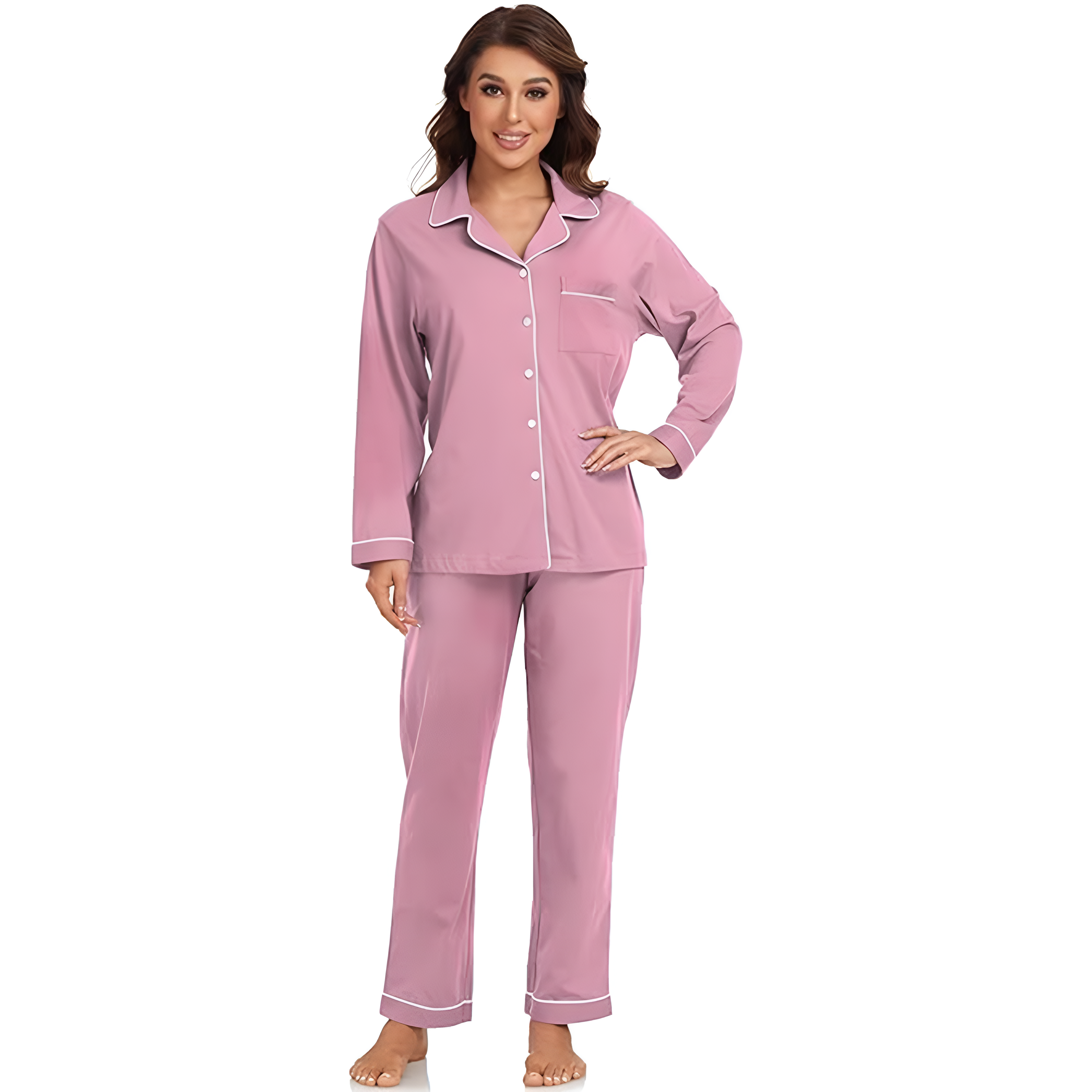 Soft Long Sleeve Button Down 2 Piece Pajama Set For Women