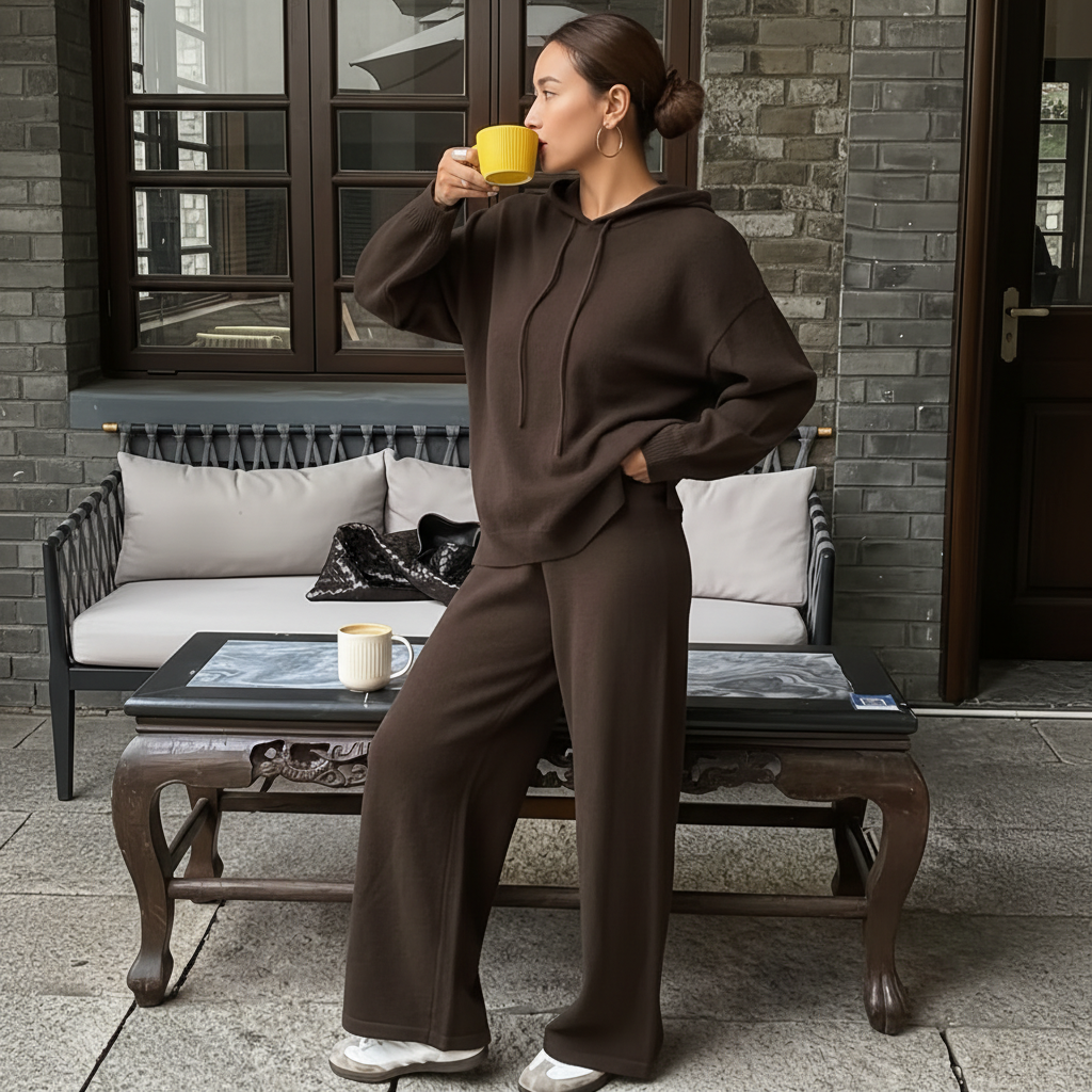 Solid Hooded Knit Top Pant Set