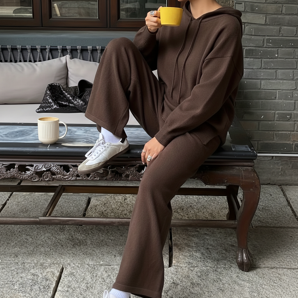 Solid Hooded Knit Top Pant Set