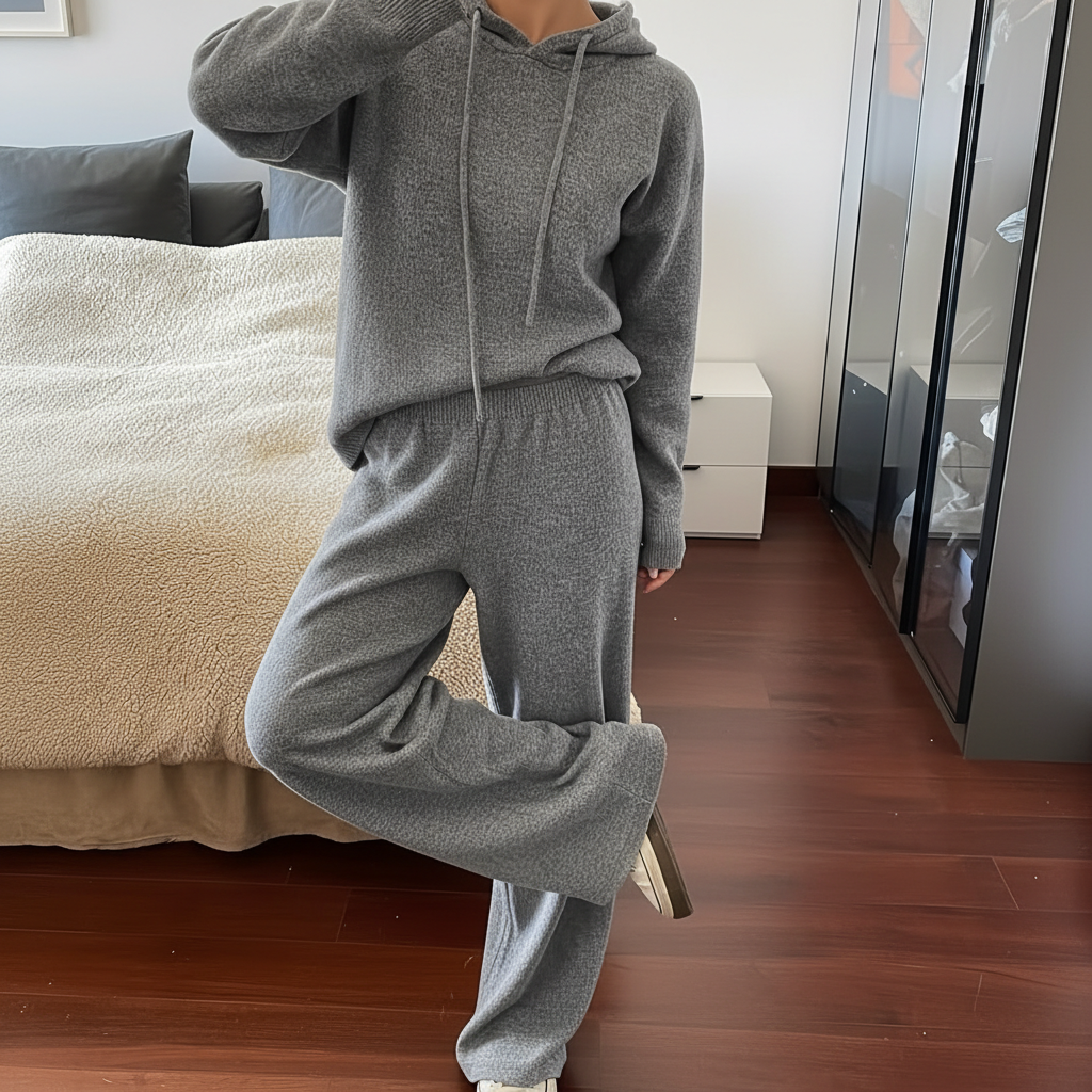Solid Hooded Knit Top Pant Set