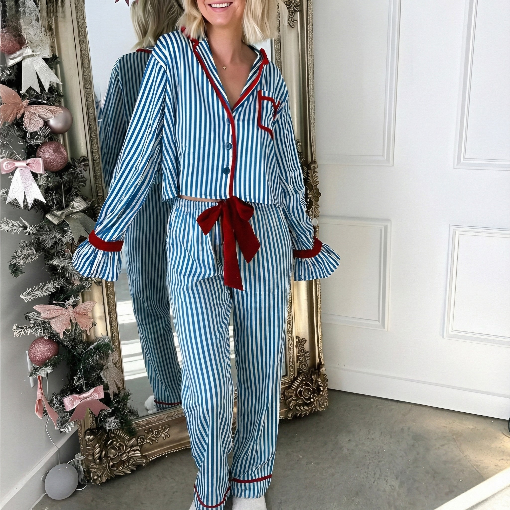 Striped Pattern Long Sleeve Pajama Set For Women
