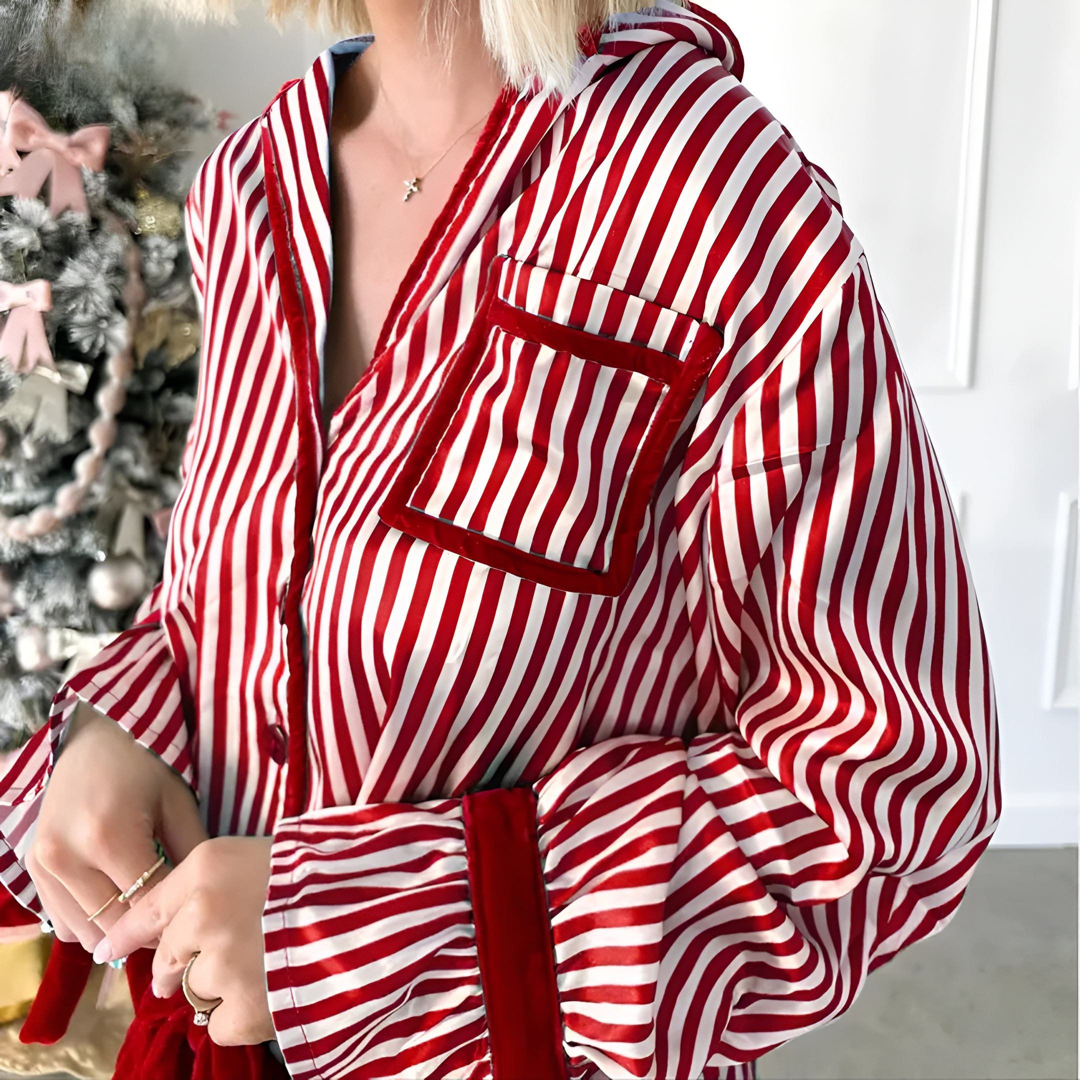 Striped Pattern Long Sleeve Pajama Set For Women