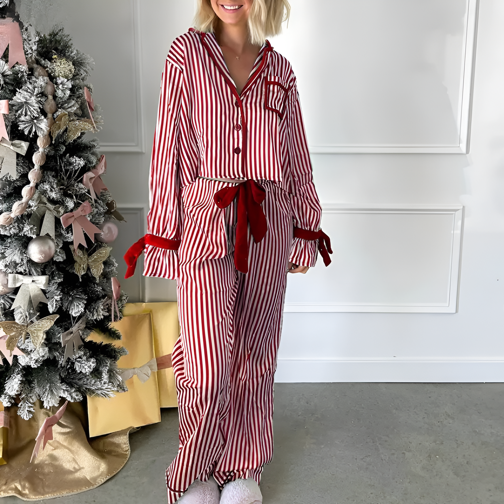 Striped Pattern Long Sleeve Pajama Set For Women