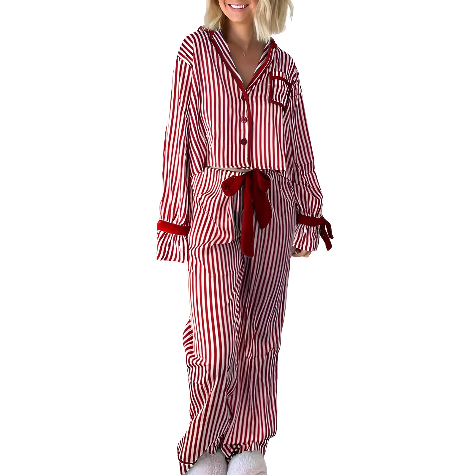 Striped Pattern Long Sleeve Pajama Set For Women