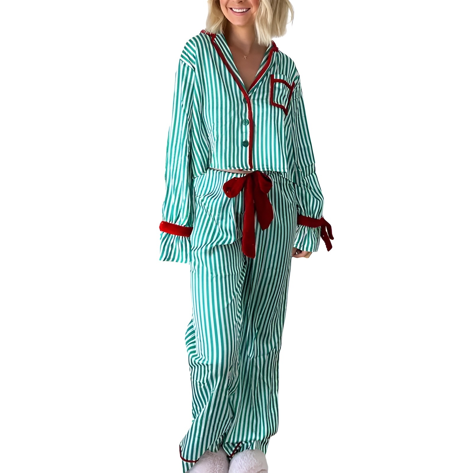 Striped Pattern Long Sleeve Pajama Set For Women