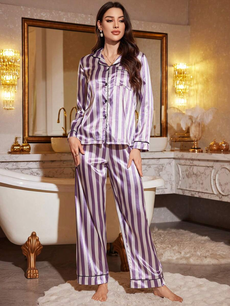 Striped Contrast Piping Satin Pajama Set-Original Pajamas