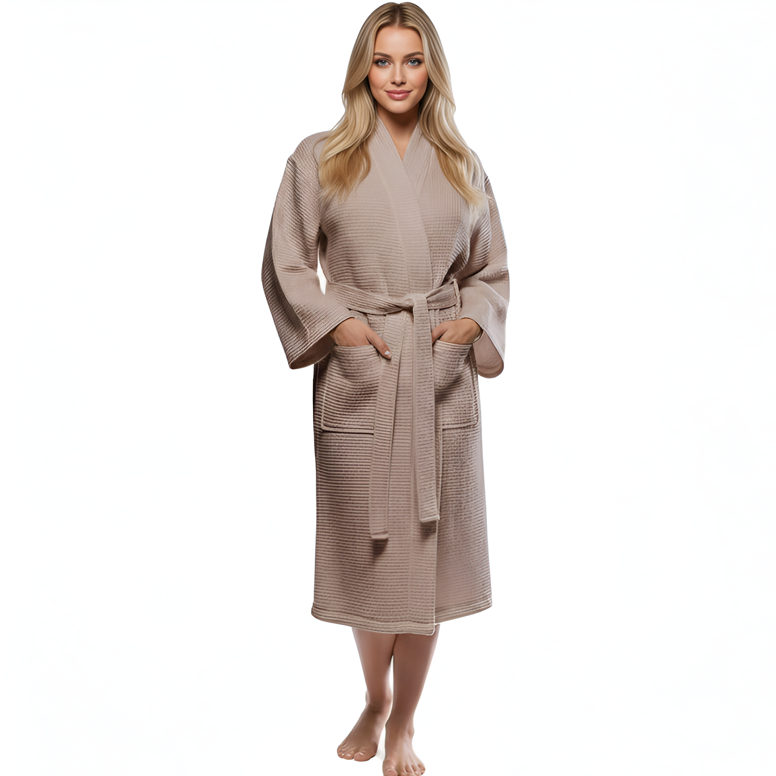 Lightweight Waffle Kimono Style Full Length Bathrobe