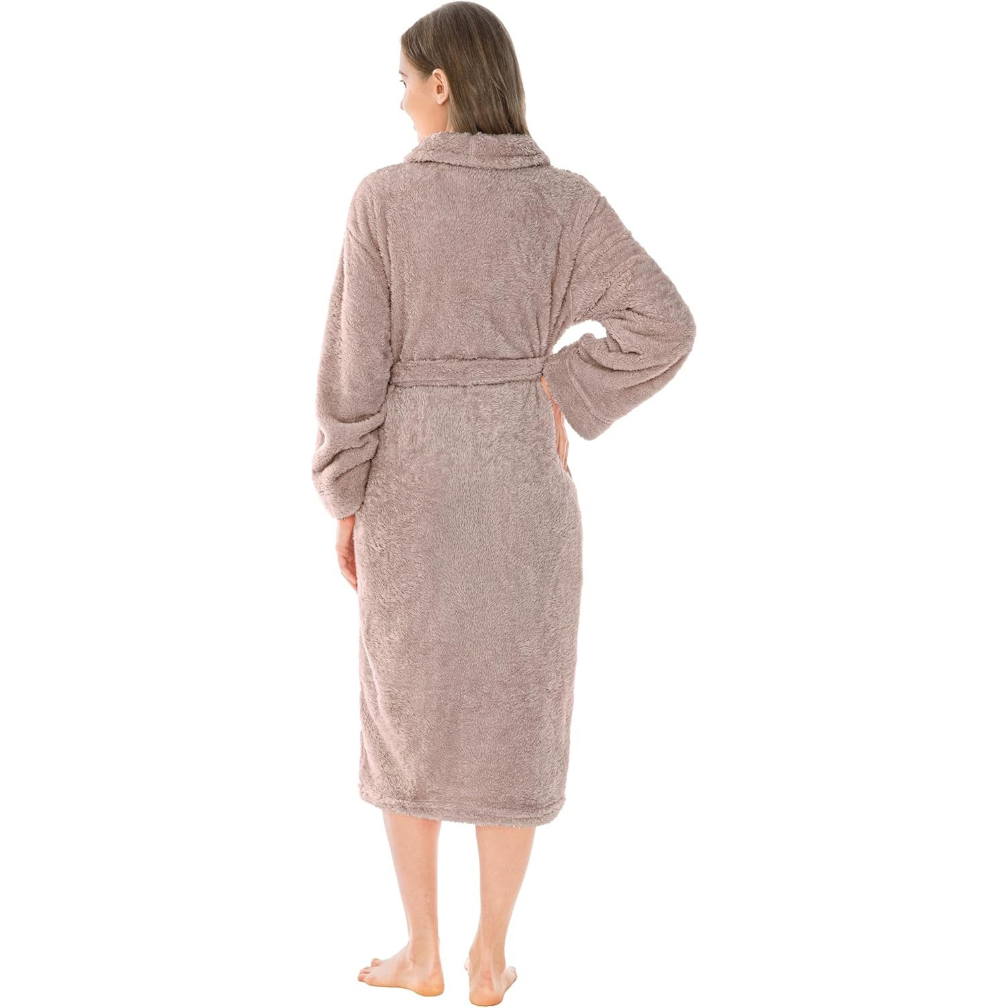 Plush Fleece Sherpa Style Long Bath Robe With Side Pockets For Women