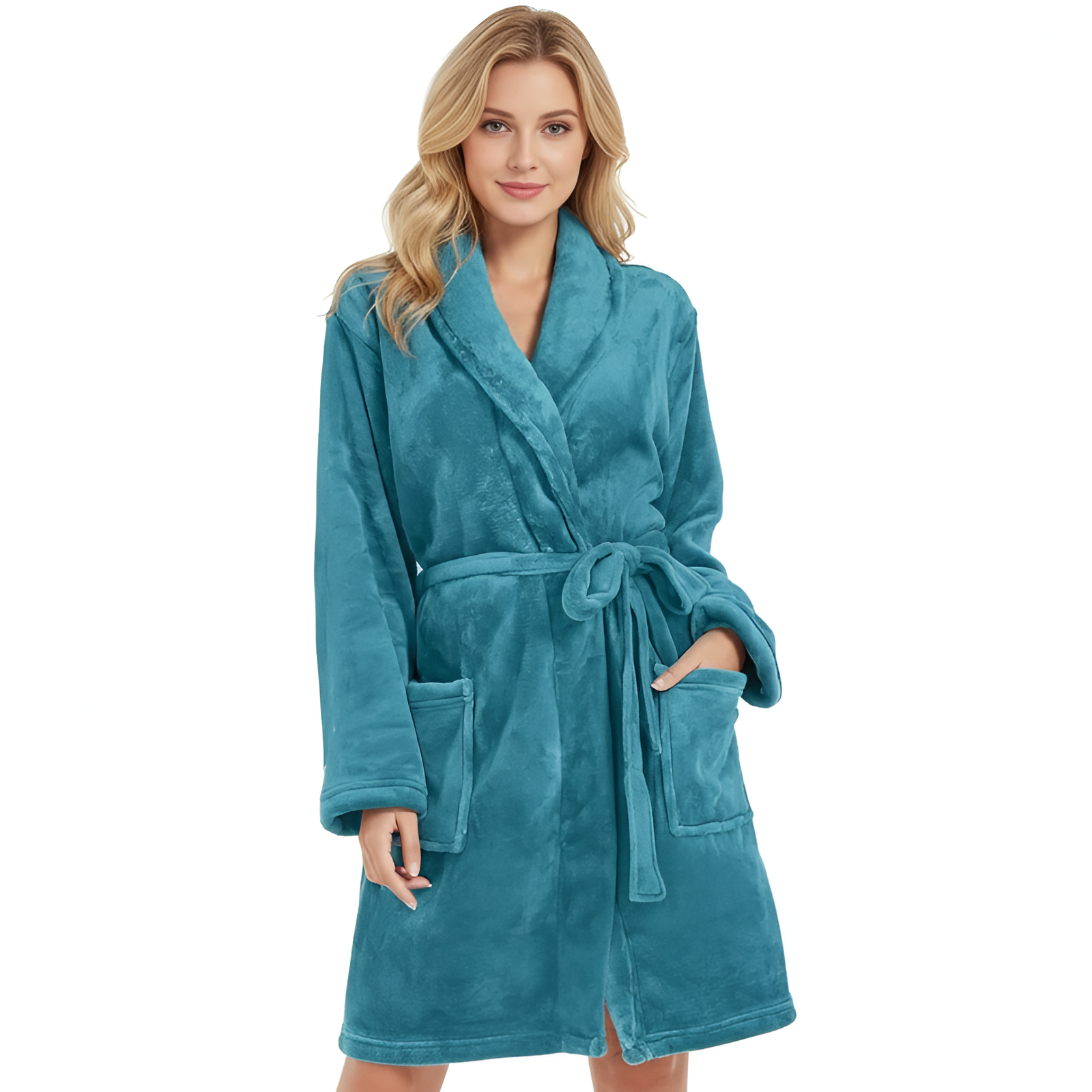 Soft Fleece Shawl Collar Warm Spa Bathrobe With Pockets For Women