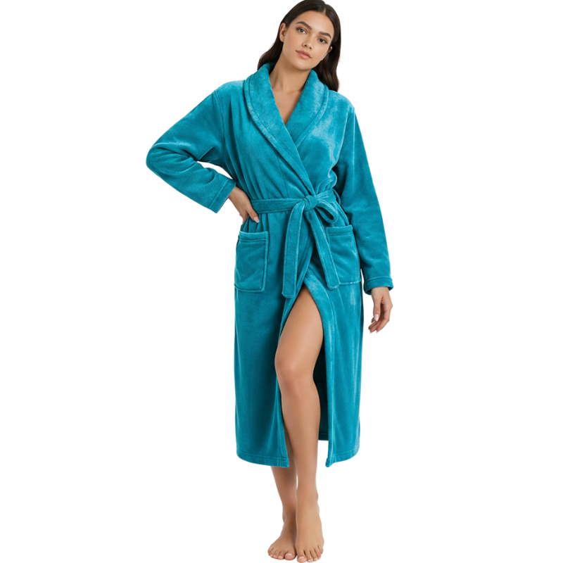 Warm Plush Fleece Kimono Style Long Bathrobe