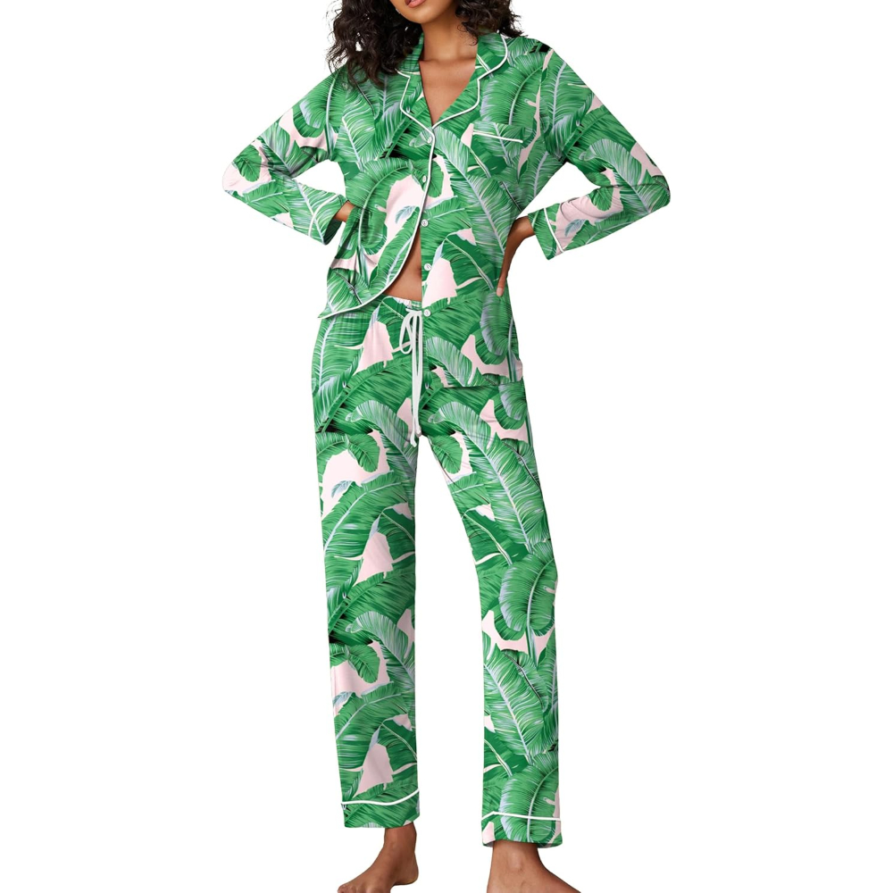 Two Piece Pajamas Set For Women With Long Sleeve Button Down Sleepwear