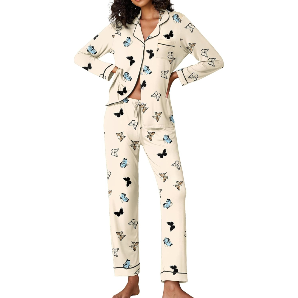 Two Piece Pajamas Set For Women With Long Sleeve Button Down Sleepwear