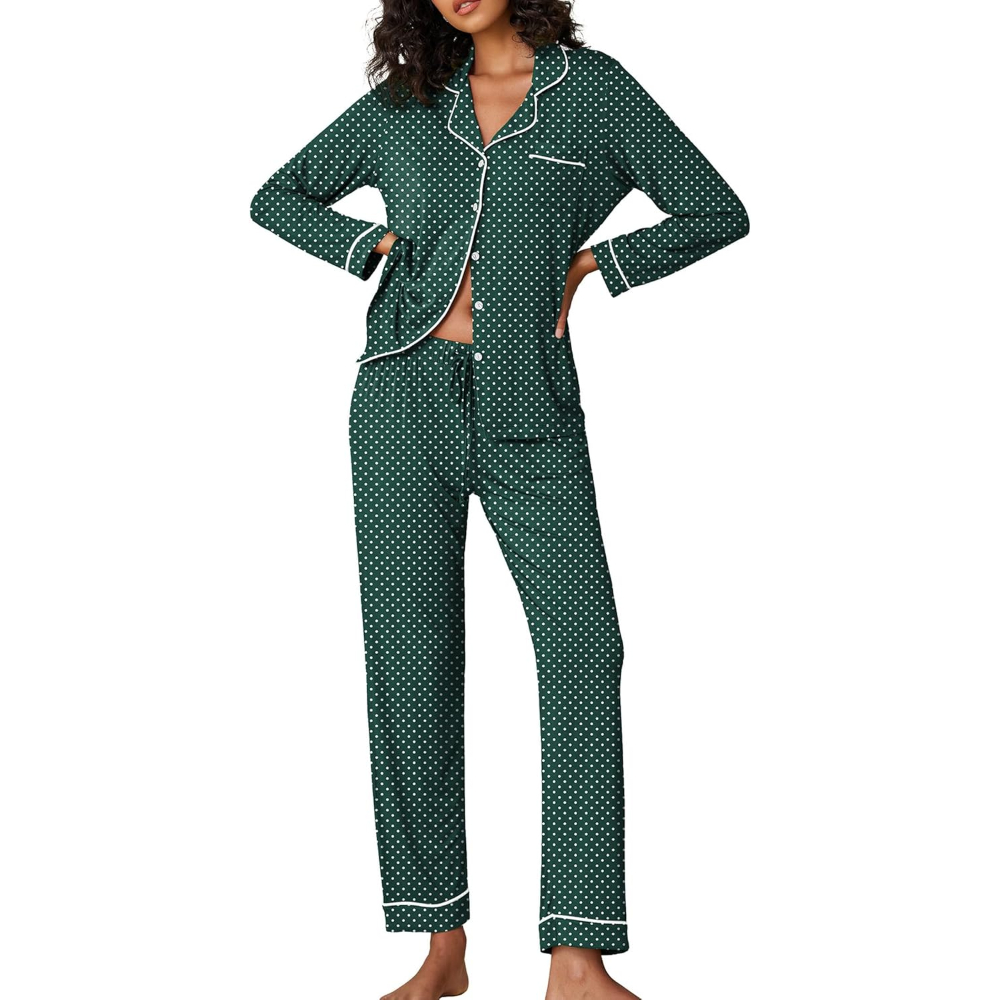 Two Piece Pajamas Set For Women With Long Sleeve Button Down Sleepwear