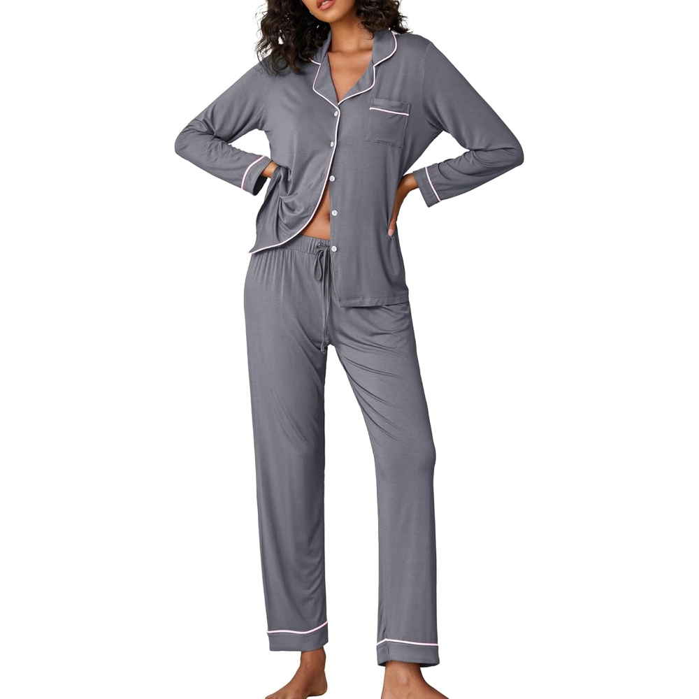 Two Piece Pajamas Set For Women With Long Sleeve Button Down Sleepwear