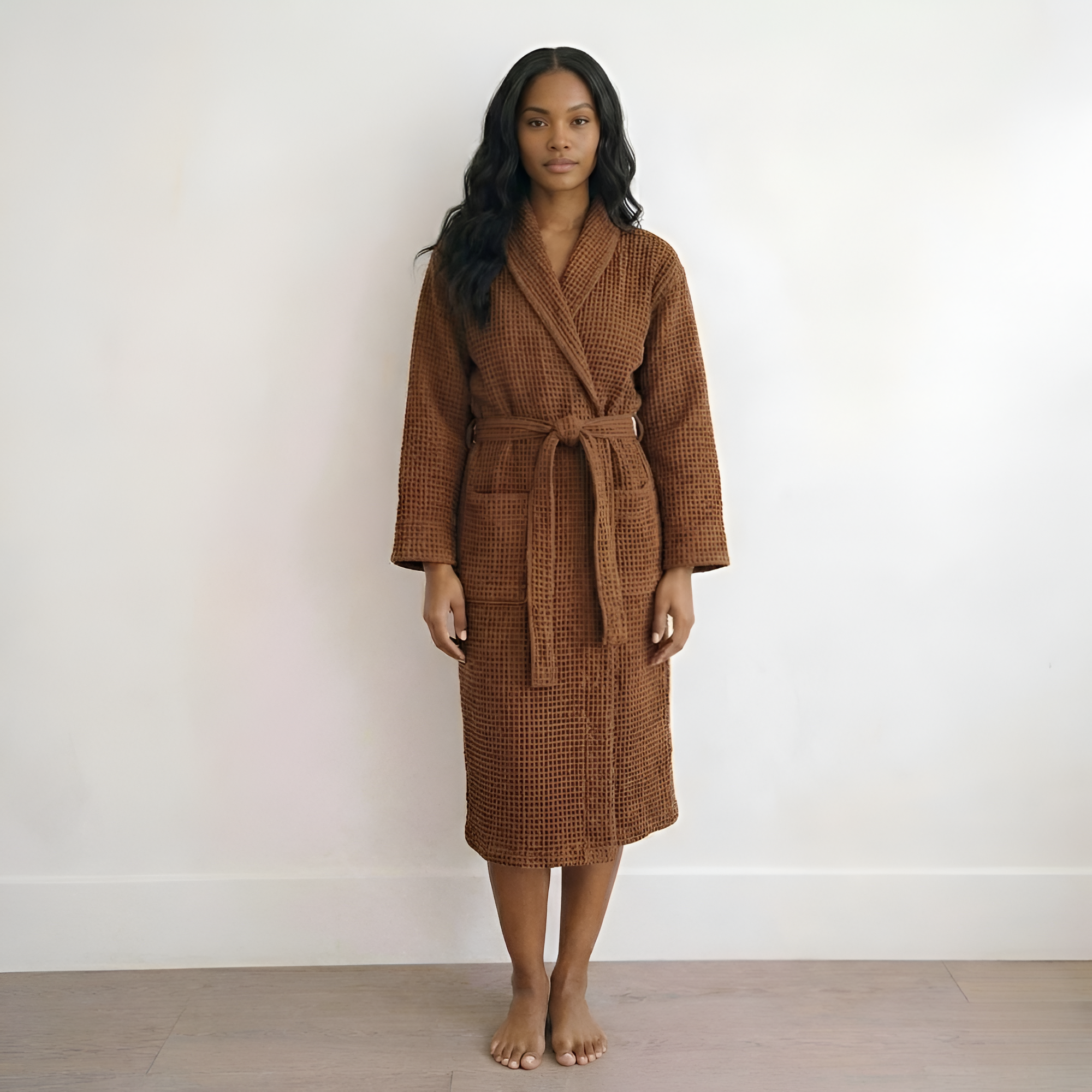 Long Sleeve Waffle Knit Robe For Women